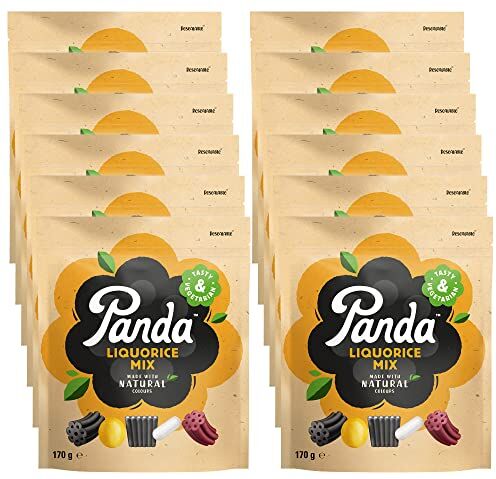 Panda ®   Miscela di liquirizia naturale   Liquirizia dolce fatta con aromi naturali   Mix di sei deliziosi sapori   Il vero gusto dei dolci liquirizia dal 1927   Confezione da 170 g x 12 sacchetti