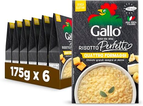 Riso Gallo Risotto Perfetto Quattro Formaggi 6 x 175gr, Chicchi Grandi al Dente, Riso 100% Italiano, Senza Glutine, Cottura 12 min