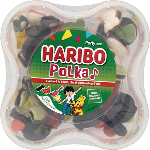 HARIBO Polka Party Box, Caramelle Gommose, Gusto Frutta e Liquirizia, Ideali per Feste e Dolci Momenti di Relax 500gr