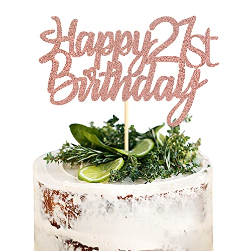 Sumerk Topper per torta per 21° compleanno, con glitter oro rosa, per decorazioni per feste di compleanno, anniversario, confezione da 1