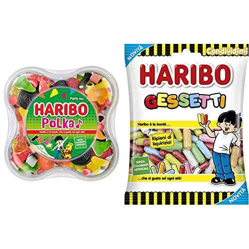 HARIBO Polka Party Box, Caramelle Gommose, Gusto Frutta e Liqurizia & Gessetti, Caramelle Confettate Con Ripieno Morbido, Gessetti Colorati alla Liquirizia