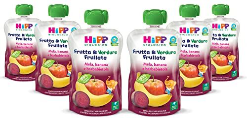 HiPP Frutta e Verdura Frullata Bio per Bambini, Purea al Gusto Mela, Banana e Barbabietola, Senza Zuccheri Aggiunti, 6 Confezioni da 90 gr