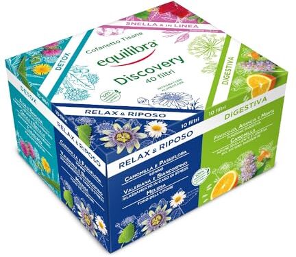 Equilibra Integratori Alimentari Tisane, Cofanetto Tisane e Infusi Discovery, 100% Ingredienti Funzionali, Selezione di 4 Diverse Tisane, Materiali 100% Riciclabili, Box Regalo, 40 Filtri