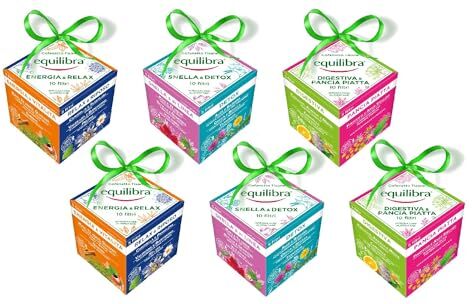 Equilibra Integratori Alimentari Tisane, Cofanetti Tisane e Infusi Mix, 100% Ingredienti Funzionali, Selezione di 2 Diverse Tisane per Cofanetto, Materiali 100% Riciclabili, 6 Box Regalo, 60 Filtri