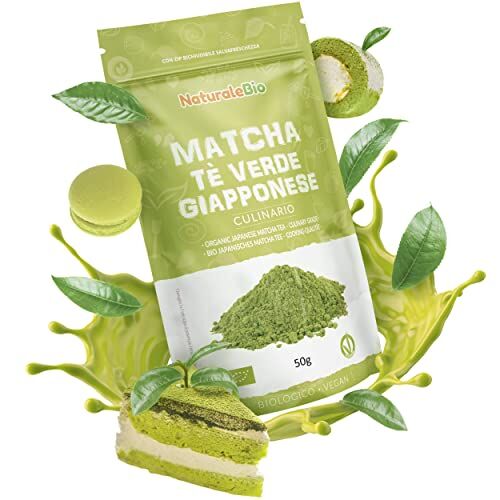 NaturaleBio Tè Verde Matcha Biologico in Polvere Grado Culinario da 50g. The Matcha Prodotto in Giappone Uji, Kyoto. Ideale per Dolci, Frullati, Tè freddo, Latte e in Cucina come Ingrediente nelle Ricette