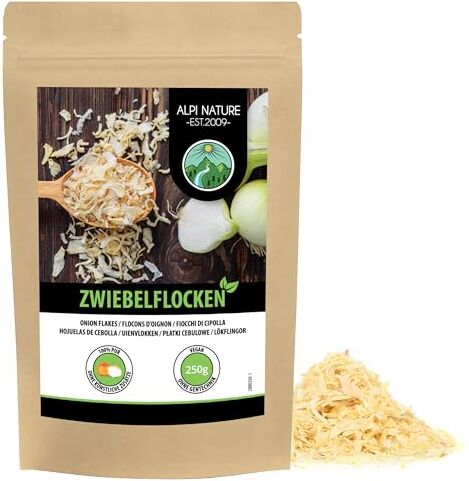 Alpi Nature Fiocchi di cipolla secca (250g), cipolle tagliate 5-30mm, pezzi di cipolla, cipolla essiccata e tritata, prodotto naturale, privo di additivi, ideale per verdure, pasta, zuppe, carne e pesce