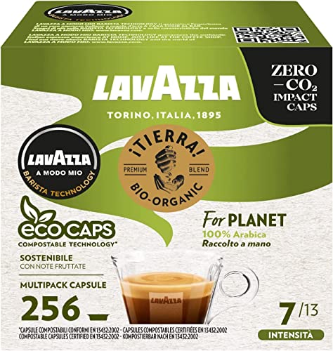 Lavazza A Modo Mio Tierra for Planet, 256 Capsule Compostabili Caffè, per un Espresso con Note Fruttate, 100% Arabica, Intensità 7/13, Tostatura Media, 16 Confezioni x 16 Capsule