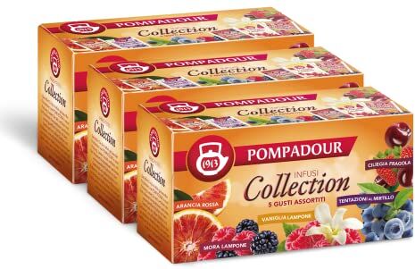 Pompadour , Collection Infusi alla Frutta, 5 Gusti Assortiti, 75 Filtri (3 Confezioni da 25 Filtri), Ideali per Tutta la Famiglia, Senza Lattosio, Glutine e Allergeni, Vegan