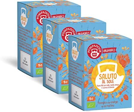 Pompadour Organics, Tisana Bio Saluto al Sole, 45 Filtri (3 Confezioni da 15 Filtri), con Mate, Menta e Limone, Ideale al Mattino per un Dolce Risveglio, Senza Lattosio, Glutine e Allergeni, Vegan