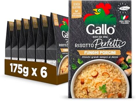 Riso Gallo Risotto Perfetto Funghi Porcini 6 x 175gr, Chicchi Grandi al Dente, Riso 100% Italiano, Senza Glutine, Cottura 12 min