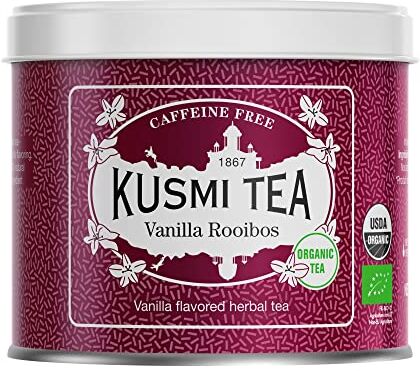 KUSMI TEA Infuso Bio a base di Rooibos e Vaniglia Rooibos Proveniente da Agricoltura Biologica Infuso Morbido e Generoso, senza Teina, Sfuso Scatola di Metallo da 100 g