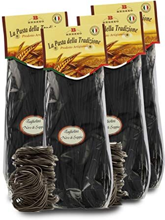 Brezzo 4 Confezioni Di Tagliolini Al Nero Di Seppia, Pasta Artigianale Di Grano Duro, Singola Confezione: 250 Grammi