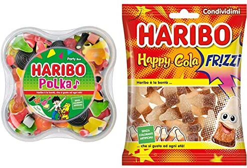 HARIBO Polka Mix 500 g Party Box Caramelle Gommose alla Frutta e alla Liquirizia, Scatola con sigillo salva freschezza & Caramelle Happy Cola, 175g