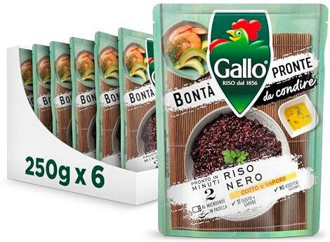 Riso Gallo Bontà Pronte Riso Nero 6 x 250gr, Riso Integrale Cotto a Vapore da Condire, Pronto in 2 min al Microonde, in Padella