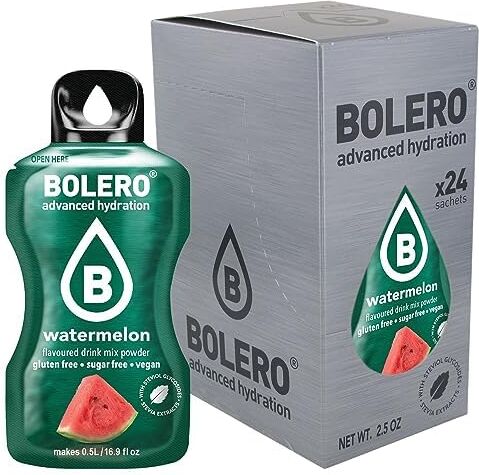 Bolero Drink 24 Bustine 3 gr grammi Sticks Frutta Preparato Polvere Solubile Per Bevanda Fresca in Acqua Prodotto, 72 grammi dolcificato alla stevia (Watermelon)