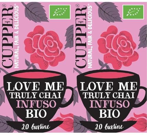 CUPPER Love Me Truly Chai Infuso Biologico con Cannella, Zenzero e Cardamomo, Tisana Energizzante con Ingredienti Naturali, Gusto Pieno, Filtri 100% Biodegradabili, Confezione da 40 Bustine