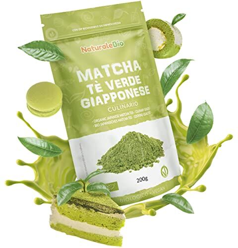 NaturaleBio Tè Verde Matcha Biologico in Polvere Grado Culinario da 200g. The Matcha Prodotto in Giappone Uji, Kyoto. Ideale per Dolci, Frullati, Tè freddo, Latte e in Cucina come Ingrediente nelle Ricette