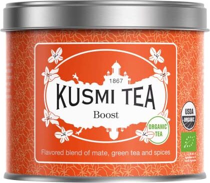 KUSMI TEA Tè Boost Bio Maté aromatizzato, miscela di tè verde e spezie cannella, cardamomo e zenzero ricetta tonica confezione da 100 g