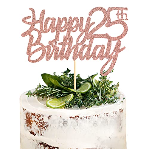 Sumerk Topper per torta per 25° compleanno, con glitter oro rosa, per decorazioni per feste di compleanno, anniversario, confezione da 1