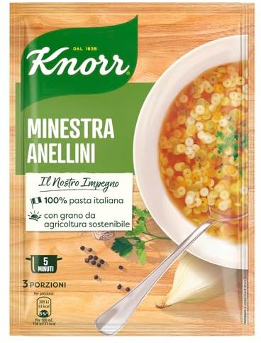 Knorr Minestra Anellini, Piatti Pronti  con 100% Pasta Italiana, Grano da Agricoltura Sostenibile, Senza Coloranti e Conservanti Aggiunti, Fonte di Proteine, Vegano, 15 Confezioni da 750ml