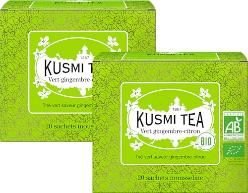 KUSMI TEA Set di 2 scatole Tè verde biologico al limone e zenzero 2 scatole da 20 bustine di tè in mussola