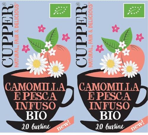 CUPPER Infuso Camomilla e Pesca Ingredienti da Agricoltura Biologica, Tisana Rilassante Fruttata e Delicata, Gusto Avvolgente, Filtri 100% Biodegradabili, Confezione da 40 Bustine