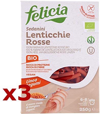 Felicia 3x  SEDANINI PASTA CON FARINA DI LENTICCHIE ROSSE SENZA GLUTINE VEGANA