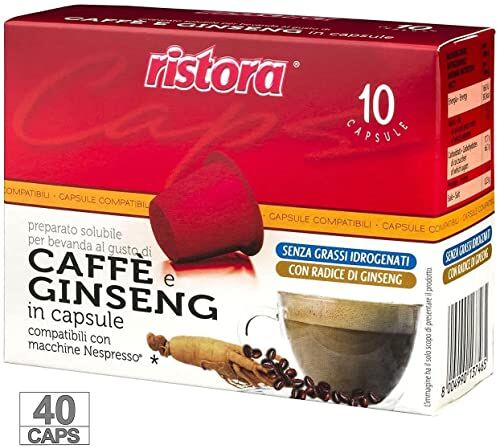 Ristora 40 Capsule Caffe Al Ginseng Compatibili Macchine Nespresso Macchina Da Caffè Cialde Respresso Senza Grassi Intenso Cremoso Preparato Macchinetta Solubile Bevanda Senza Glutine (4 X 10PZ)