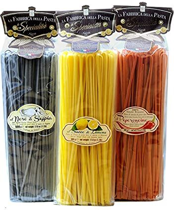 La Fabbrica della Pasta di Gragnano Set Linguine Gourmet Peperoncino, Limone, Nero di seppia 500gr x 3