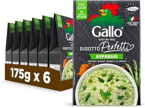 Riso Gallo Risotto Perfetto Asparagi 6 x 175gr, Chicchi Grandi al Dente, Riso 100% Italiano, Senza Glutine, Cottura 12 min