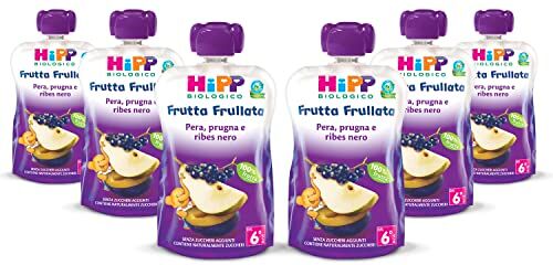 HiPP Frutta Frullata Bio per Bambini, Purea 100% Frutta al Gusto Pera, Prugna e Ribes Nero, Senza Zuccheri Aggiunti, 6 Confezioni da 90 g