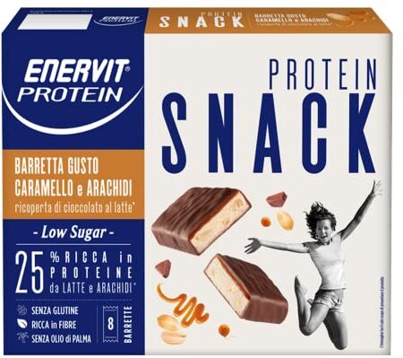 Enervit , Snack Astuccio 8 Barrette con Arachidi, Cramello e Cioccolato al Latte, Barrette Energetiche Ricche di Proteine e Fibre, Senza Glutine e Olio di Palma, 8 Barrette da 27 Grammi