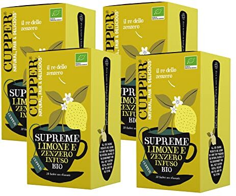 CUPPER Infuso Biologico Limone e Zenzero, Ingredienti da Agricoltura Biologica, Tisana Digestiva e Energizzante, Filtri 100% Biodegradabili, 4 Confezioni da 20 bustine di tè, Totale 80 bustine