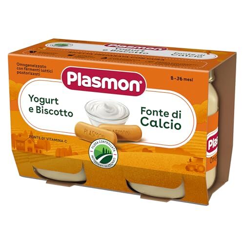 Plasmon Omogeneizzato Yogurt e Biscotto 120g 24 Vasetti Con Yogurt dell'Alto Adige, Fonte di Calcio e di Vitamina C