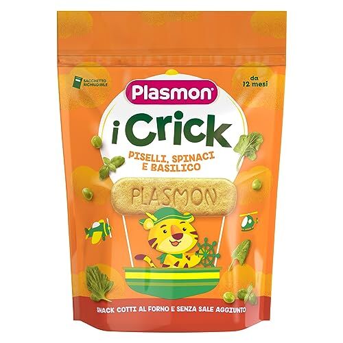 Plasmon Snack i Crick dei Bambini Piselli, Spinaci, Basilico 100g 6 Confezioni Snack cotti al forno, senza sale aggiunto, perfetti per le manine del tuo bambino