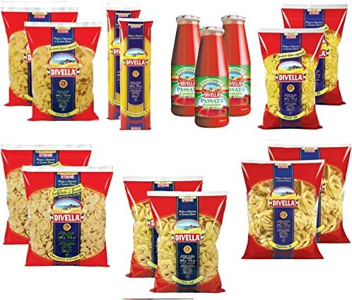 Divella BOX FAMIGLIA KIT 12 CONFEZIONI DI PASTA DA 500gr (FARFALLE, ORECCHIETTE, TAGLIATELLE, ROTELLE, SPAGHETTI RISTORANTE, TOFE) + 3 BOTTIGLIE DI PASSATA DI POMODORO DA 640gr