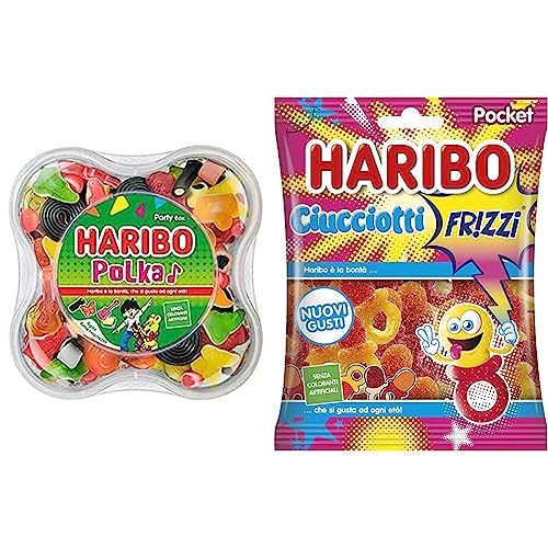 HARIBO Polka Party Box, Caramelle Gommose, Gusto Frutta e Liqurizia, Ideali per Feste e Dolci Momenti di Relax 500gr & Ciucciotti Frizzi, Caramelle Gommose Frizzanti, Gusto Frutta- 100gr