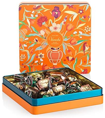 Venchi Confezione Latta Regalo Barocco con Cioccolatini Nocciolati assortiti, 350 g Nocciole Piemonte IGP intere Idea Regalo Senza Glutine