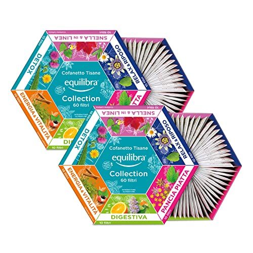 Equilibra Integratori Alimentari Tisane, Cofanetto Tisane Collection, 100% Ingredienti Funzionali, Selezione di 6 Diverse Tisane, Materiali 100% Riciclabili, Box Regalo, 2 Pezzi da 60 Filtri