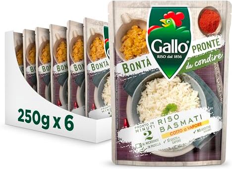 Riso Gallo Bontà Pronte Riso Basmati 6 x 250gr, Cotto a Vapore da Condire, Pronto in 2 Minuti al Microonde, in Padella, No Additivi aggiunti, Ottimo per Contorni e Insalate