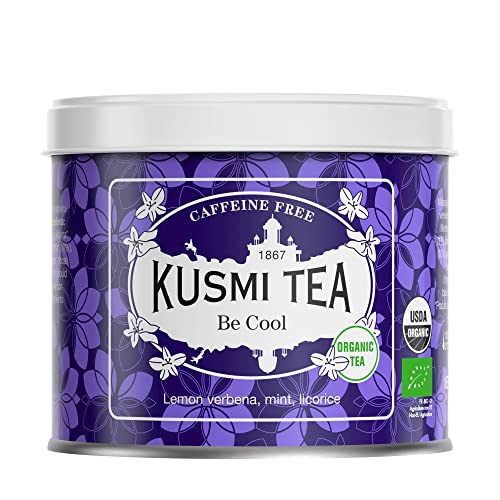 KUSMI TEA Infuso Be Cool Bio Mix di Piante, Menta piperita, Liquirizia e Mela Tisana biologica, senza Teina, Sfusa Scatola in Metallo da 90 g