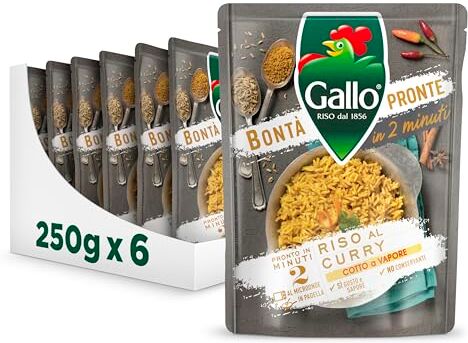 Riso Gallo Bontà Pronte Riso al Curry 6 x 250gr, Cotto a Vapore da Condire, Pronto in 2 Minuti al Microonde, in Padella, No Additivi aggiunti, Ottimo per Contorni e Insalate