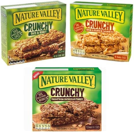 Generico Nature Valley Barrette Fiocchi d'Avena Integrali Senza Lattosio e Senza Conservanti: 1 x Cioccolato Fondente, 1 x Miele, 1 x Burro d'Arachidi 3 x 210 Grammi (Totale 30 Barrette)