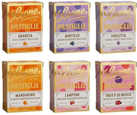 Generico Pastiglie Leone Set da 6 Scatoline in Vari Gusti da 27 grammi Arancia   Mirtillo   Mandarino   Lampone   Violetta   Frutti di Bosco