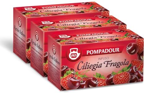 Pompadour , Infuso Ciliegia e Fragola, 60 Filtri (3 Confezioni da 20 Filtri), Dolce e Fruttato, Piace anche ai Bambini, Senza Lattosio, Glutine e Allergeni, Vegan