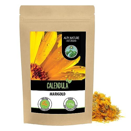 Alpi Nature Fiori di calendula (125g), tè di calendula, fiori interi, calendula arancio, delicatamente essiccati, 100% puri e naturali per la preparazione di tè, tisane