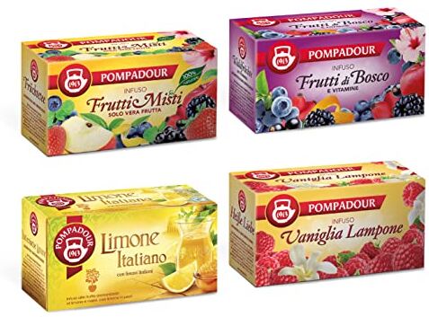 Pompadour ,Mix di 4 Infusi alle Frutta,1 Infuso Frutti Misti,1 Infuso ai Frutti di Bosco e Vitamine,1 Infuso Vaniglia e Lampone,1 Infuso al Limone Italiano,Senza Glutine e Allergeni,Vegan,400.0 grammo