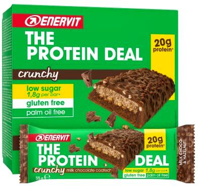 Enervit , The Protein Deal Milk Choco & Hazelnut, 12 Barrette proteiche da 55g, 20 Grammi di Proteine, Gusto Nocciola e Cioccolato al Latte, Snack Senza Glutine, Low Sugar