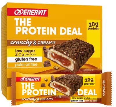 Enervit , The Protein Deal, Protein Bar Caramel Fun, 12 Barrette Proteiche da 55g, 20 Grammi di Proteine, Gusto Caramello, Snack Senza Glutine, Low Sugar