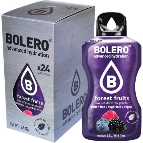 Bolero Drink 24 Bustine 3 gr grammi Sticks Frutta Preparato Polvere Solubile Per Bevanda Fresca in Acqua Prodotto, 72 grammi dolcificato alla stevia (Forest Fruits)